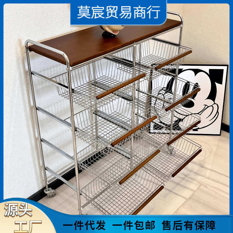 移动抽拉铁制置物架客厅零食家用复古厨房落地收纳架置物架带轮
