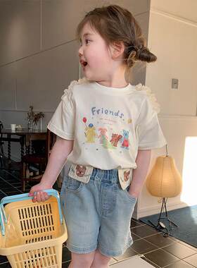 女童可爱夏装套装2025新款洋派甜酷女宝宝短袖T恤牛仔短裤二件套