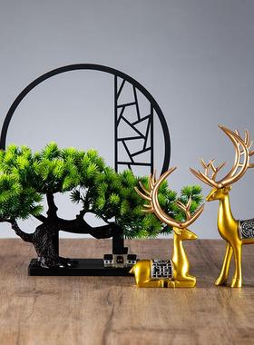 正品新中式迎禅客松仿装真绿植盆景客酒柜厅家居玄关创意饰意屏风