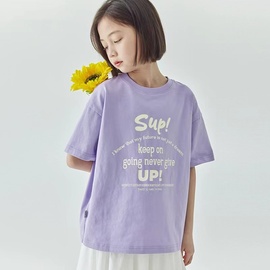 小熊童装欧洲站24夏季女童字母印花短袖T恤中大童圆领紫休闲上衣