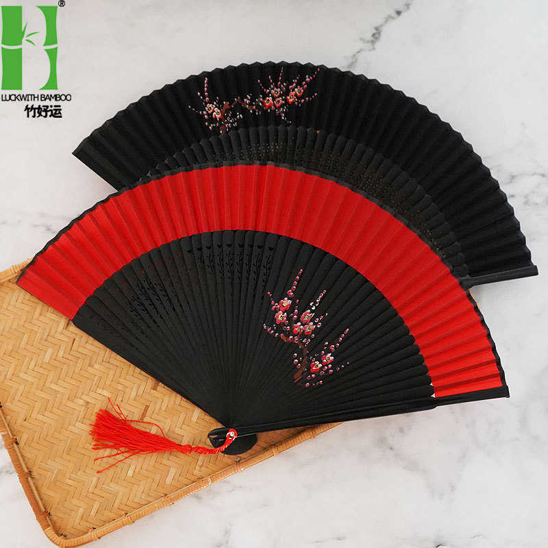 红色汉服绢面扇子中国古风日式竹折扇手绘梅花绢扇复古舞蹈扇