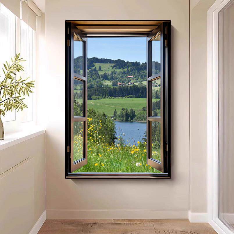 竖版彷真假窗户玄关装饰画视觉延伸空间壁画客厅山水风景开窗挂画
