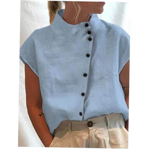 Cotton and linen standing collar casual shirt Womens comfor