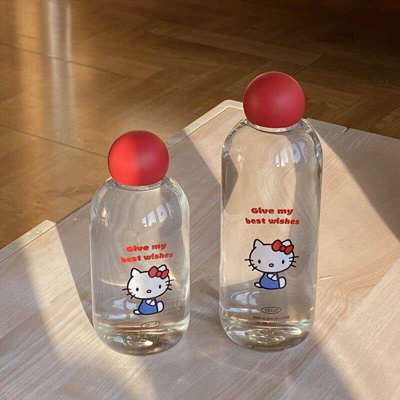 可爱红盖子kt猫玻璃杯高硼硅耐高温红鼻子密封水杯车载随身杯礼物