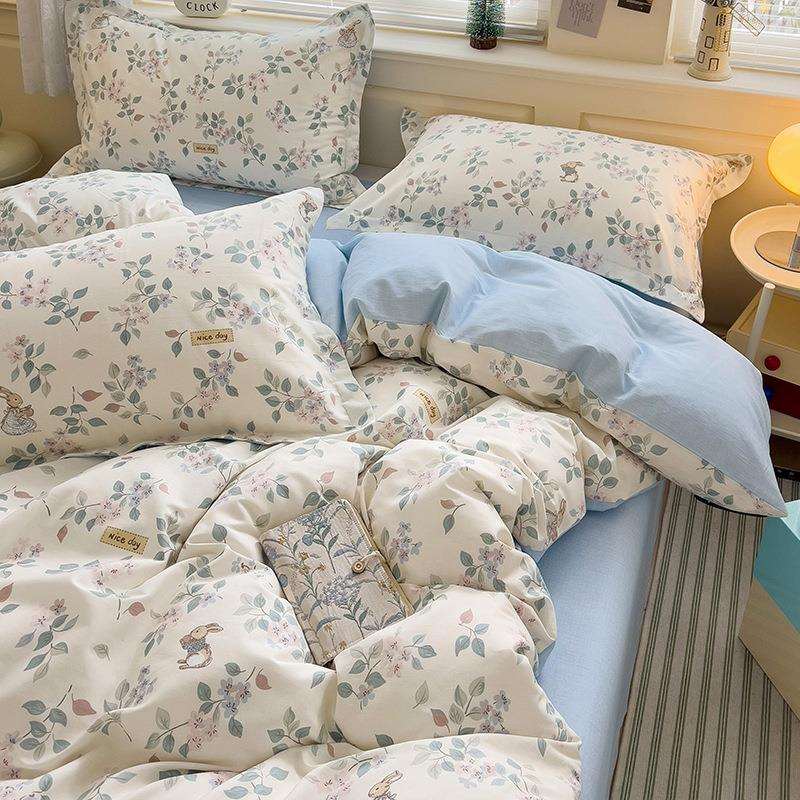 春夏季纯棉四件套100全棉床上用品田园风花被套宿舍床单人三件套4