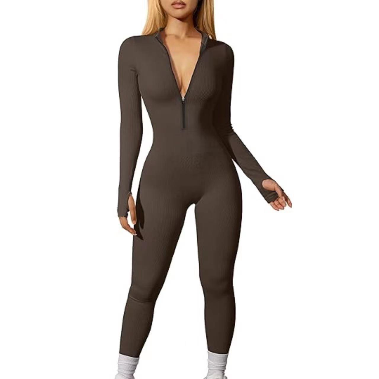 Womens Sports Jumpsuit Workout Long Sleeve Zipper Casual
