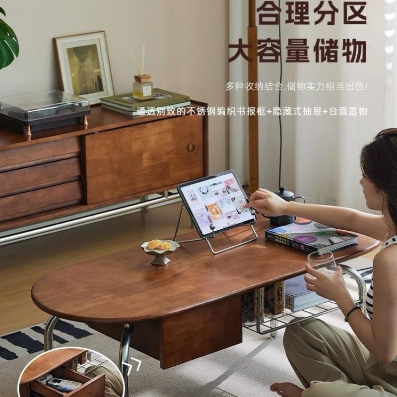 实木茶锈户型客厅椭圆形茶桌不钢设计带抽几屉多功能复古小桌AJP