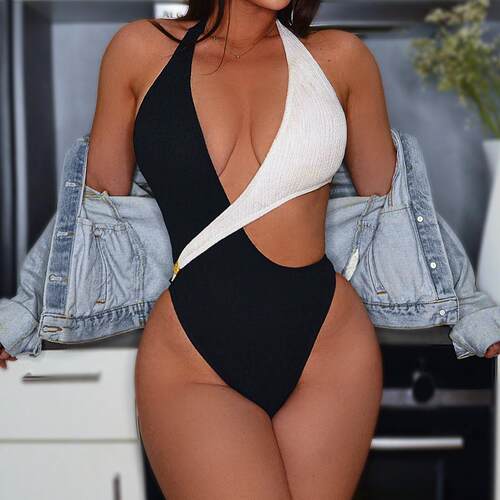 Bikini white and black hollow strap one-piece