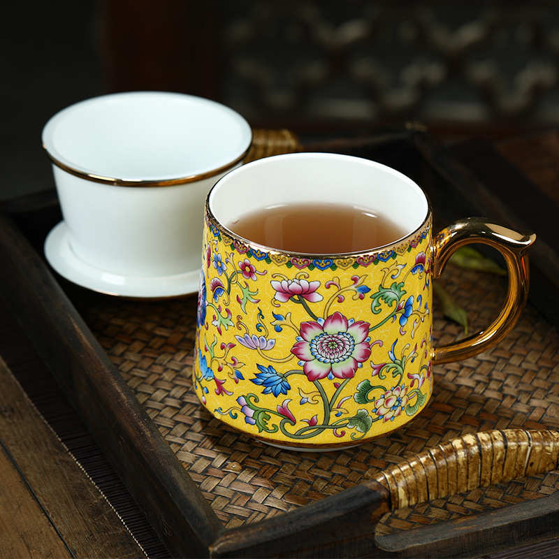 景德镇宫廷珐琅彩陶瓷过滤茶杯带杯盖分离杯子家用个人泡茶水杯