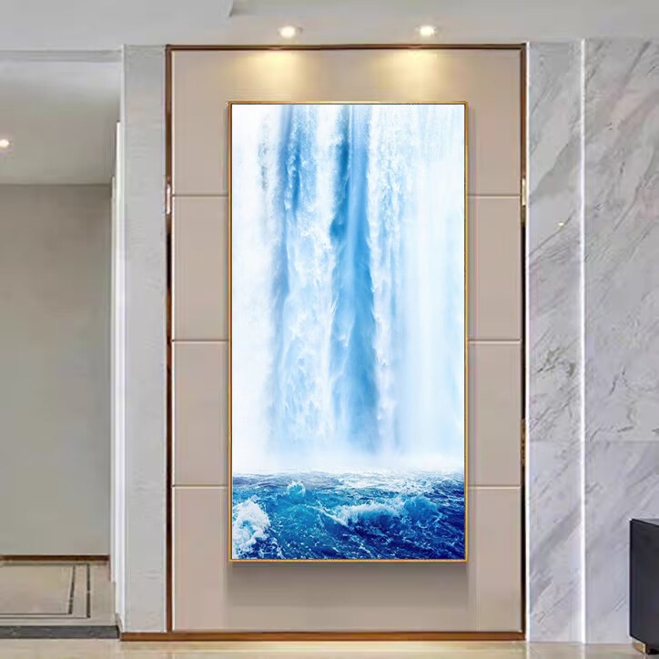 瀑布山水招财装饰画 玄关招财聚宝盆挂画 金色框现代风格画 高清