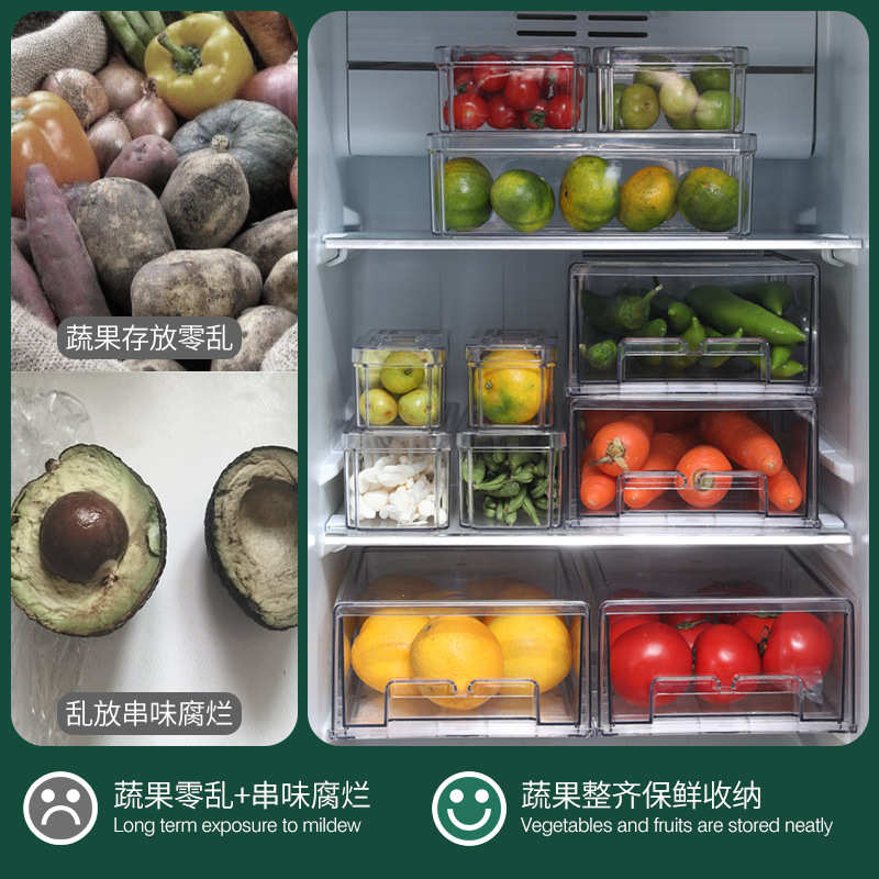 冰箱收纳盒套装透明PET厨房保鲜盒冷冻长方形抽屉式食品储物盒7件