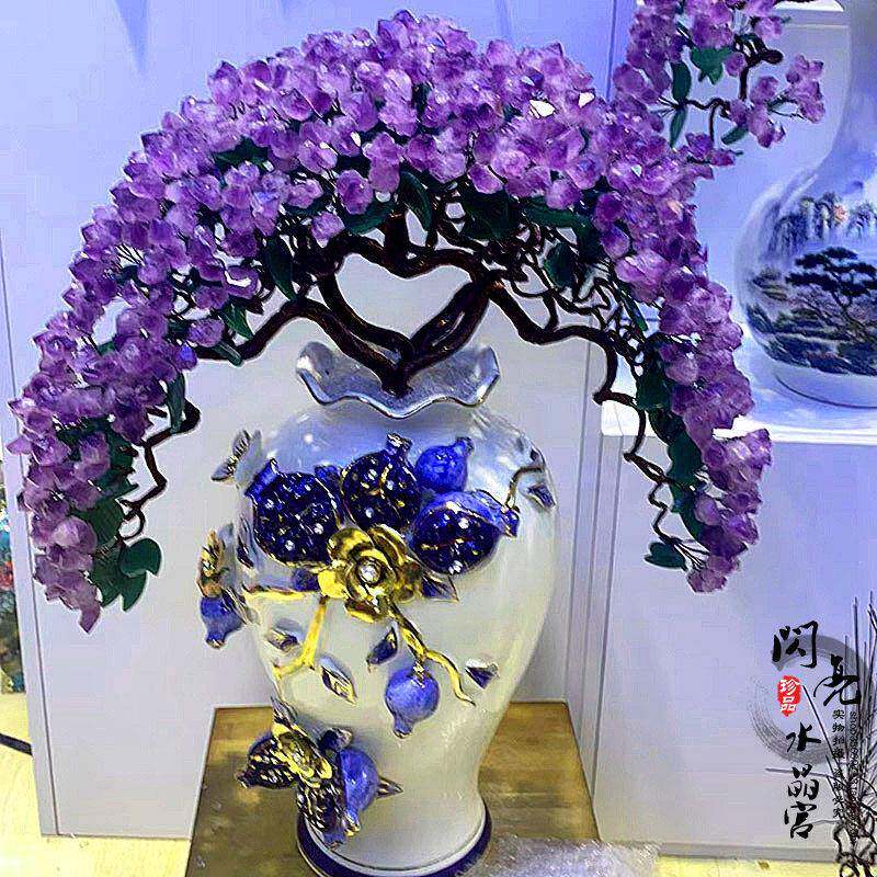 天然黄水晶发财树紫水晶招财树别墅客厅招财摆件高档欧式陶瓷花瓶