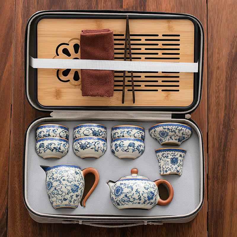 花0汝窑旅行茶具套装户外便携式泡茶青小套国潮旅游套组老笑容-z2
