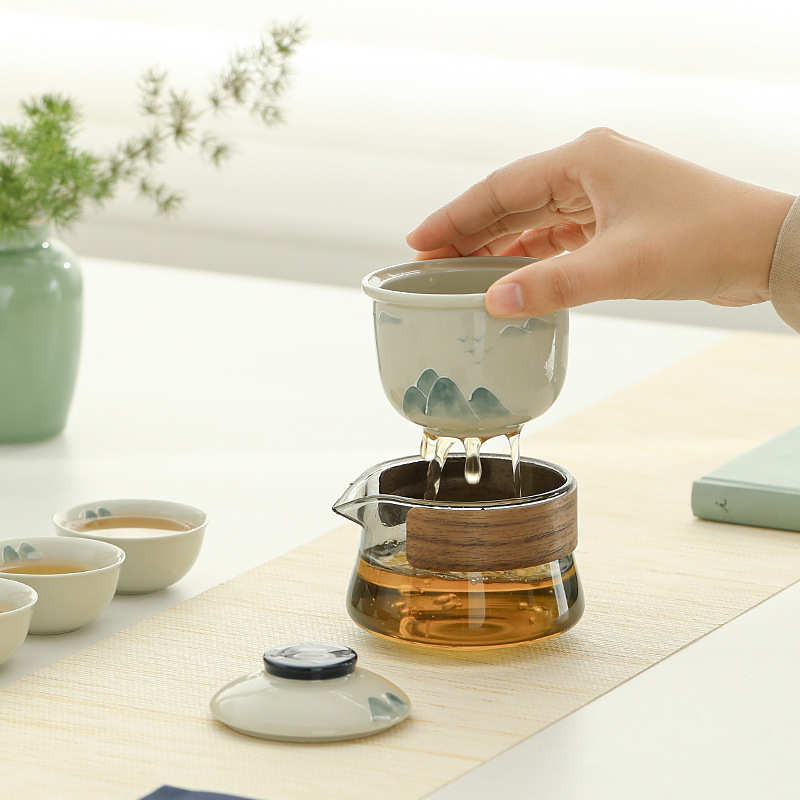 手绘山水快客杯一人茶具玻璃便携旅行茶具套装户外泡茶壶收纳包