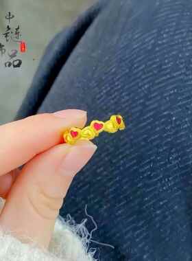 金店同款高保色古法沙金珐琅烧蓝红色爱心开口戒指 梦幻爱心戒指