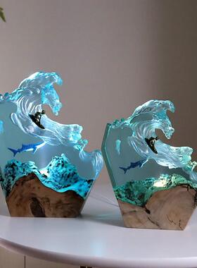 海浪鲸鱼水母海洋冲浪树脂工艺品办公室桌面实木夜灯摆件纪念礼品