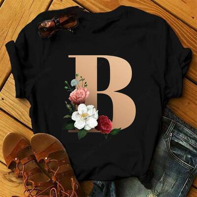 Golden English letter floral print women's T-shirt plus