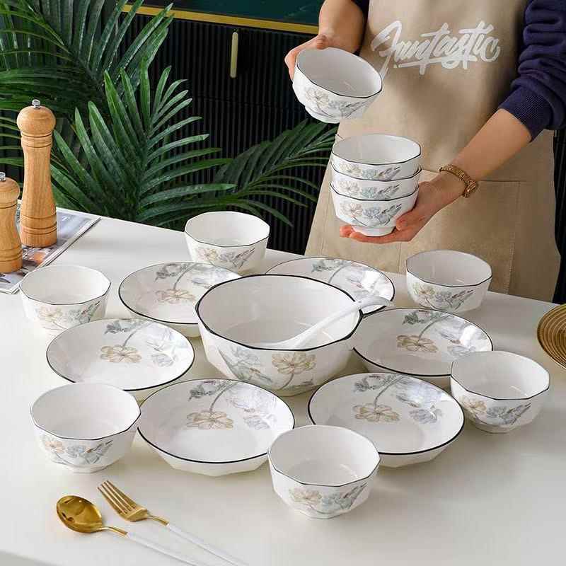 爱莲说18件套陶瓷大套装高端新骨瓷送礼陶瓷碗米饭碗盘子餐具