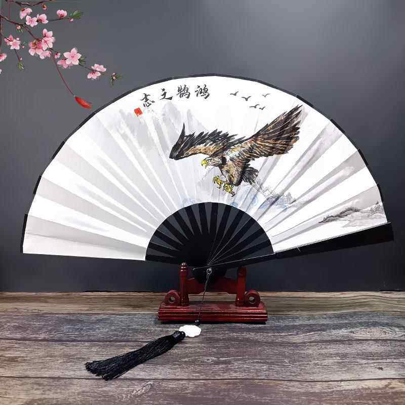 中国风8寸塑料扇带流苏吊坠古风霸气折扇便携男汉服舞蹈绢布扇子