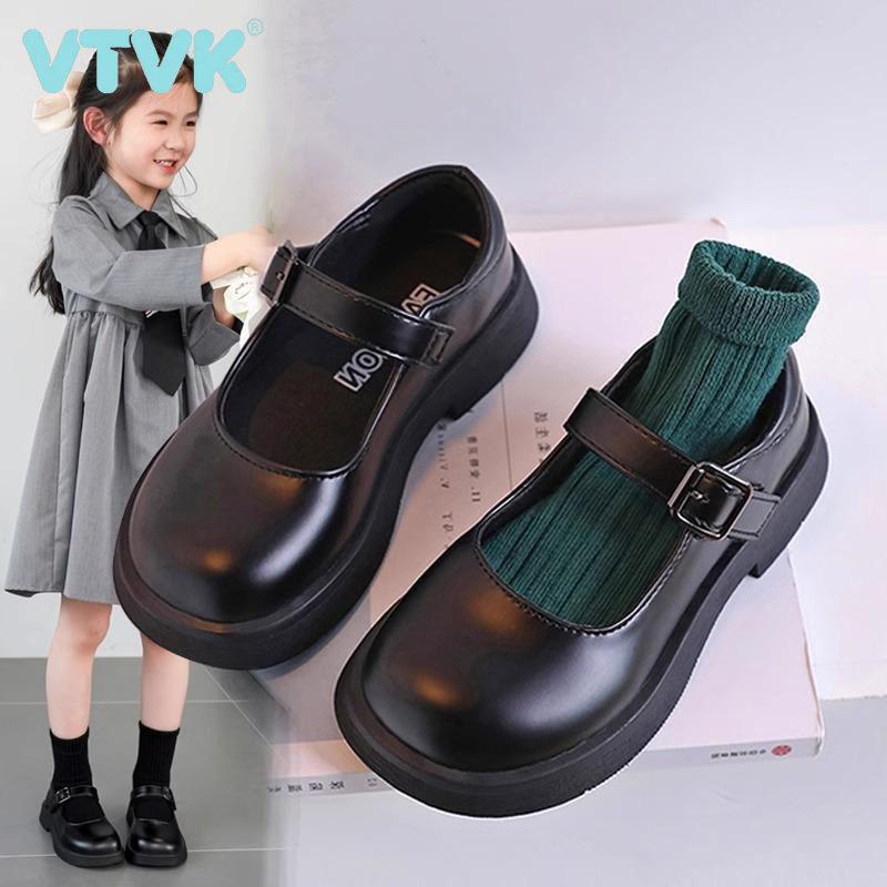 VTVK女童鞋子黑色乐福小皮鞋2025新款春秋儿童公主鞋女孩真皮单鞋