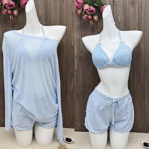 温泉分体泳衣女款两件式四件套比基尼长袖小清新碎花泡纯欲0920k