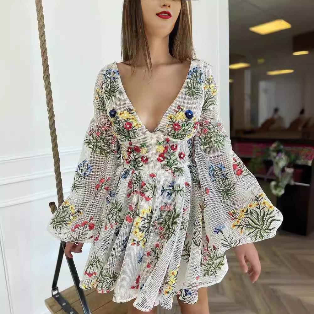 party birthday dress fairy sleeve lantern embroidery mesh