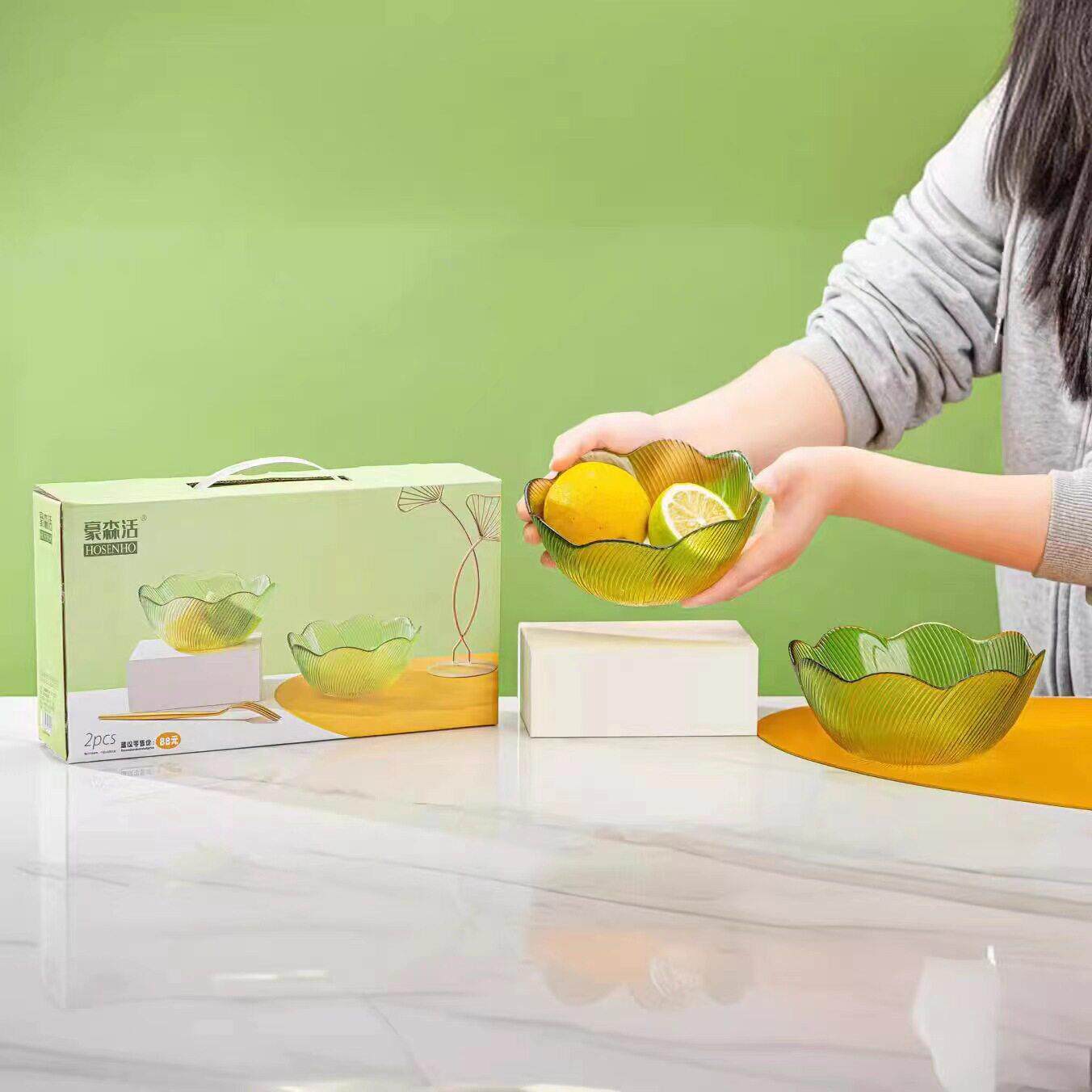 创意花瓣玻璃碗客厅水果沙拉碗零食果盘拌趣色拉两件套礼品餐具