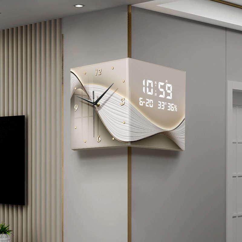 客厅双面挂钟拐角万年历电子钟表高级感餐厅数显转角时钟2024新款