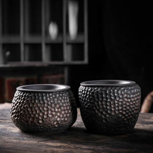 厂家批发复古鎏金莲蓬建水中式小茶渣缸窑变锤纹铁锈釉废茶水桶