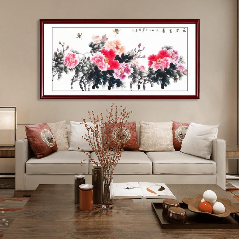 国画牡丹挂画花鸟图客厅玄关沙背景墙挂画花开富贵中式茶室壁画