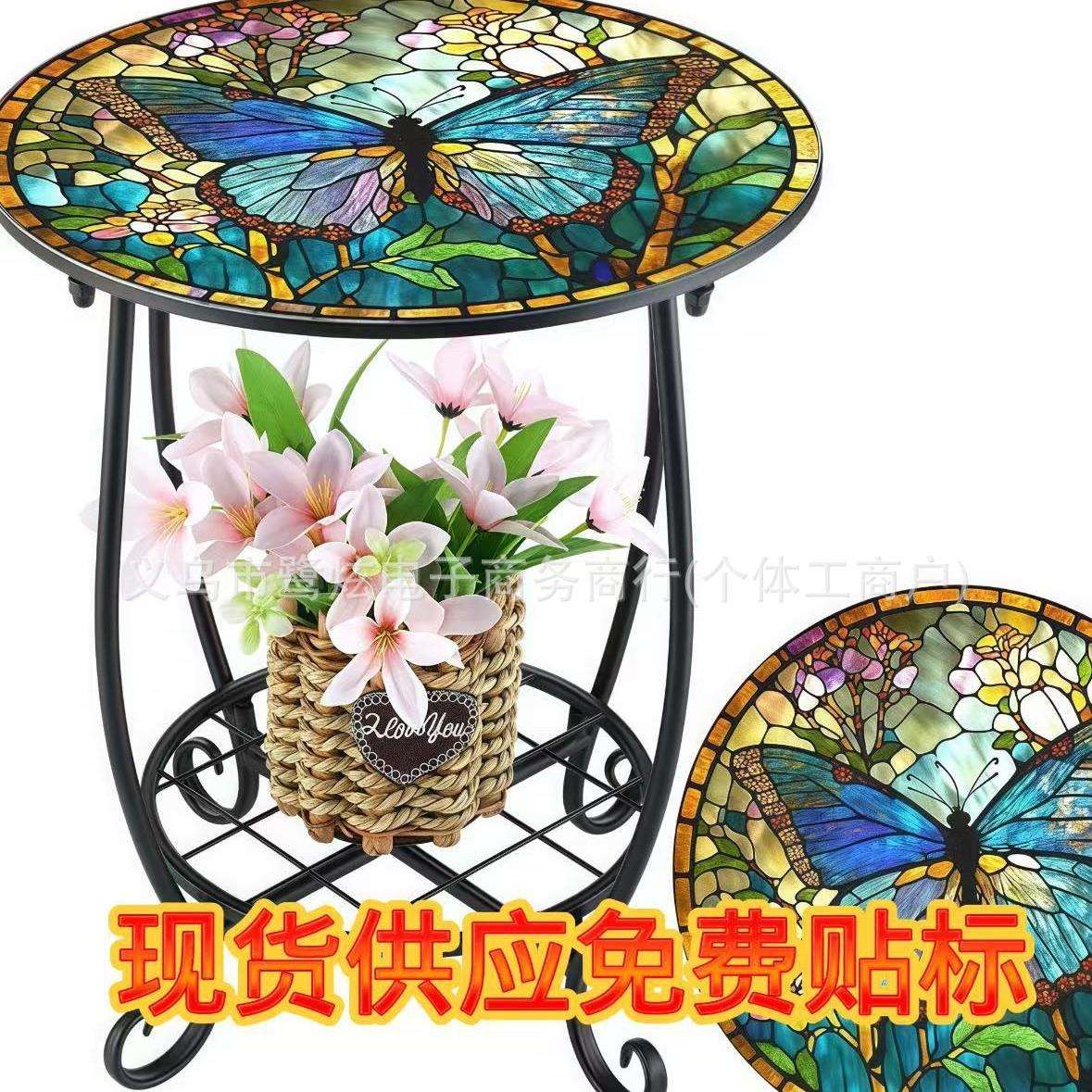 欧式创意小鸟蝴蝶圆形马赛克铁艺花架室内外阳台花园花盆架小桌子