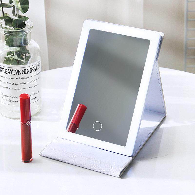 可携式化妆镜发光镜子折叠led台式镜带灯旅行补光随身桌面镜简约