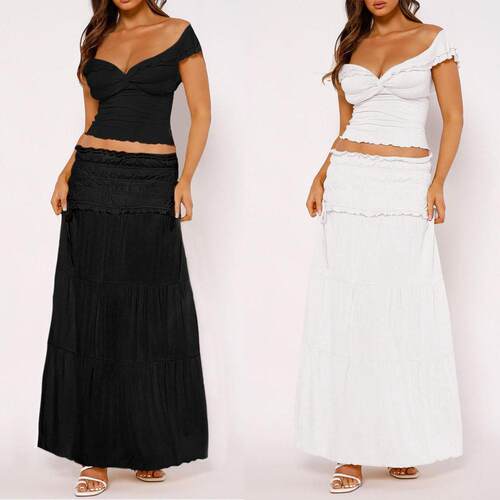 Half skirt, long skirt, two-piece set, top, one shoulder,