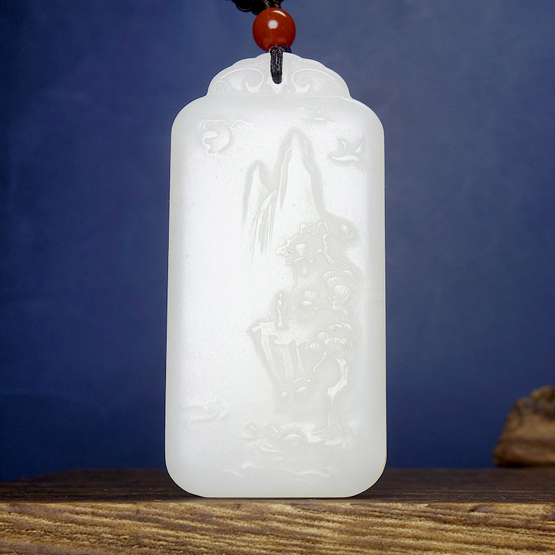 W富贵人家保真新疆和田玉羊脂白白玉洒金皮意境山水吊坠53.51g