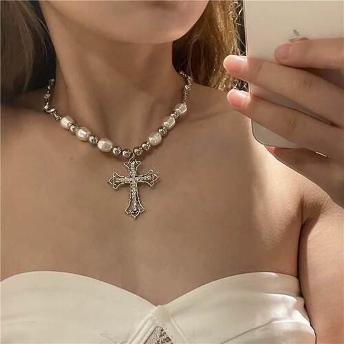 women alloy retro pearl cross pendant necklace珍珠十字架项炼
