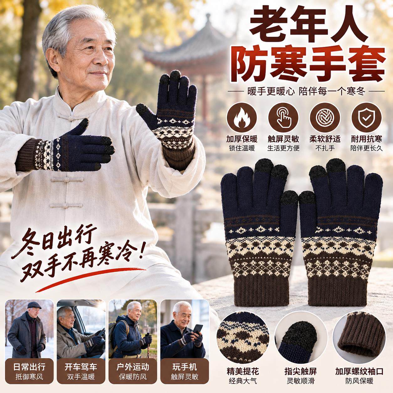 老年人保暖针织手套加绒秋冬季北方防寒防冻男士妈妈爷爷80岁奶奶