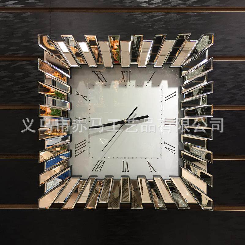 跨境客厅壁挂创意装饰挂钟太阳牌机芯时钟镜子玻璃镜面钟表镜子