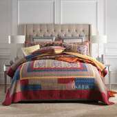 乡村复古真拼块绗缝被 跨境纯棉床盖 外贸美式 全棉床上用品三件套