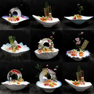 刺身盘高端鲑鱼冰盘日料摆盘海鲜姿造拼盘鱼生密胺鱼雕寿司餐具