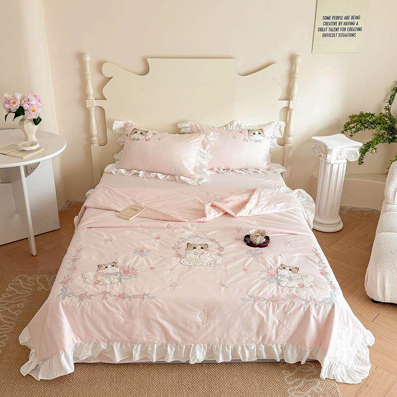 2025新款40S加厚纯棉水洗棉精致贴布刺绣花边夏被套件-喵小姐