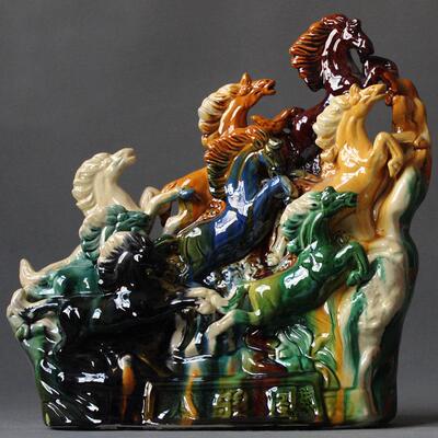 正品唐三彩马瓷摆件八骏图件陶工品一帆风顺摆摆件家居饰品艺礼品