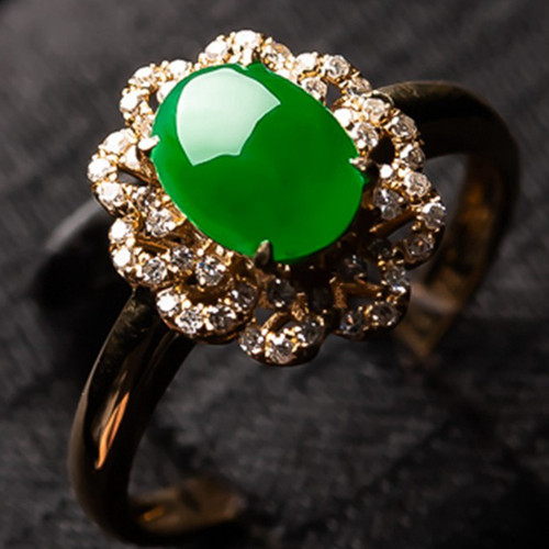 (可改圈口)18K金镶玉戒面镶嵌老坑缅甸翡翠A货绿蛋面戒指 2.78g