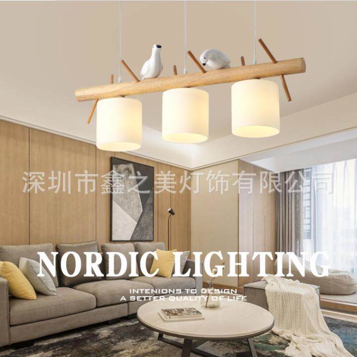 北欧木质LED原木餐吊灯三头实木创意餐厅吊灯个性小鸟吧台餐厅灯