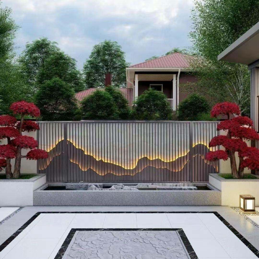 铝合金背景墙别墅假山庭院山水画铝板客厅隔断户外新中式铝艺屏风