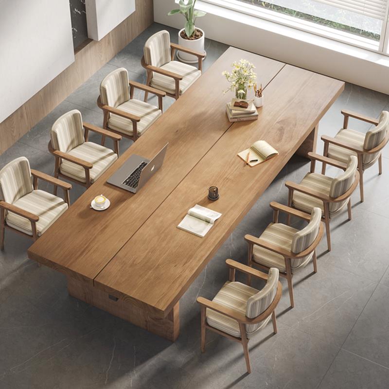 需定制复古实木会议桌长桌简约现代原木大板洽谈桌子工作台办公桌