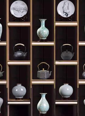 中式茶室摆件套装艺术品博古架茶柜茶壶茶道摆件装饰铁壶陶瓷花瓶