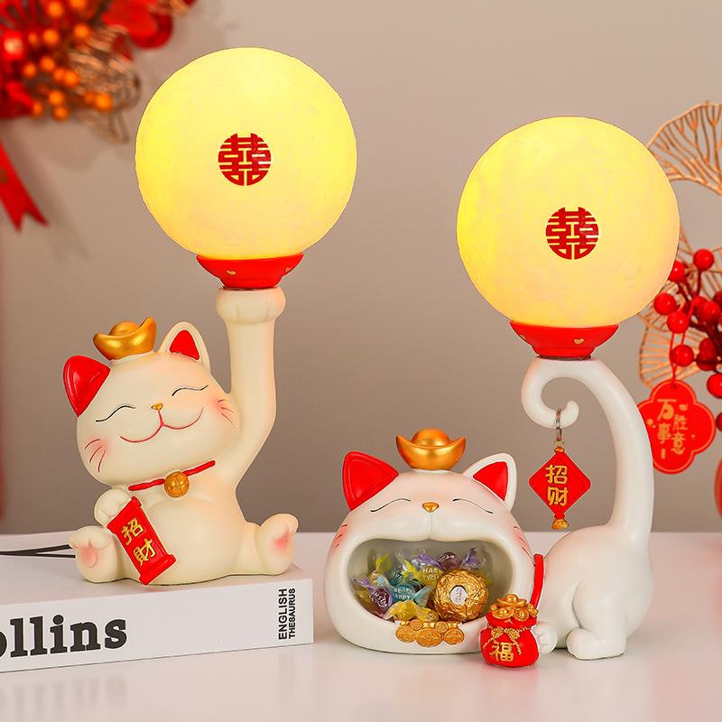 中式招财猫台灯床头灯主卧桌灯创意充电小夜灯结婚气氛灯婚庆装饰