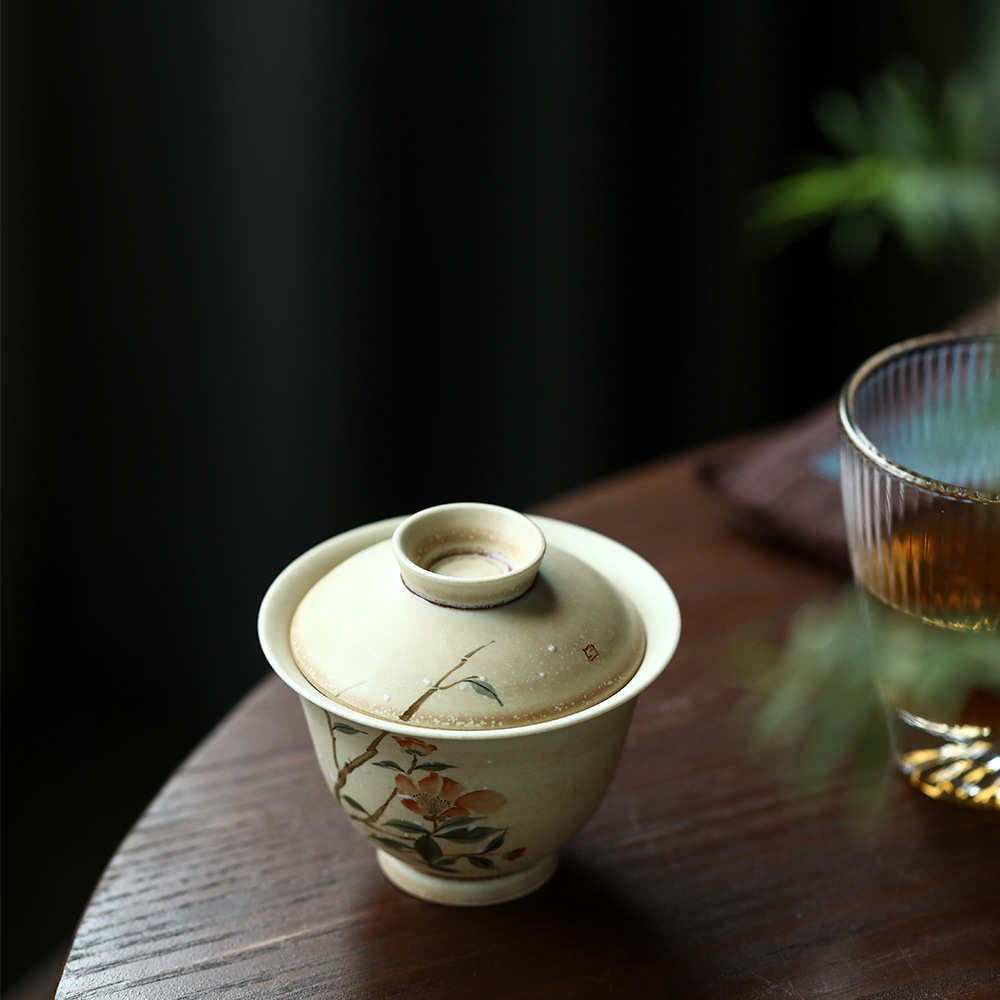 景德镇金沙米白粉彩手绘盖碗茶杯陶瓷功夫茶具泡茶碗家用中式茶碗