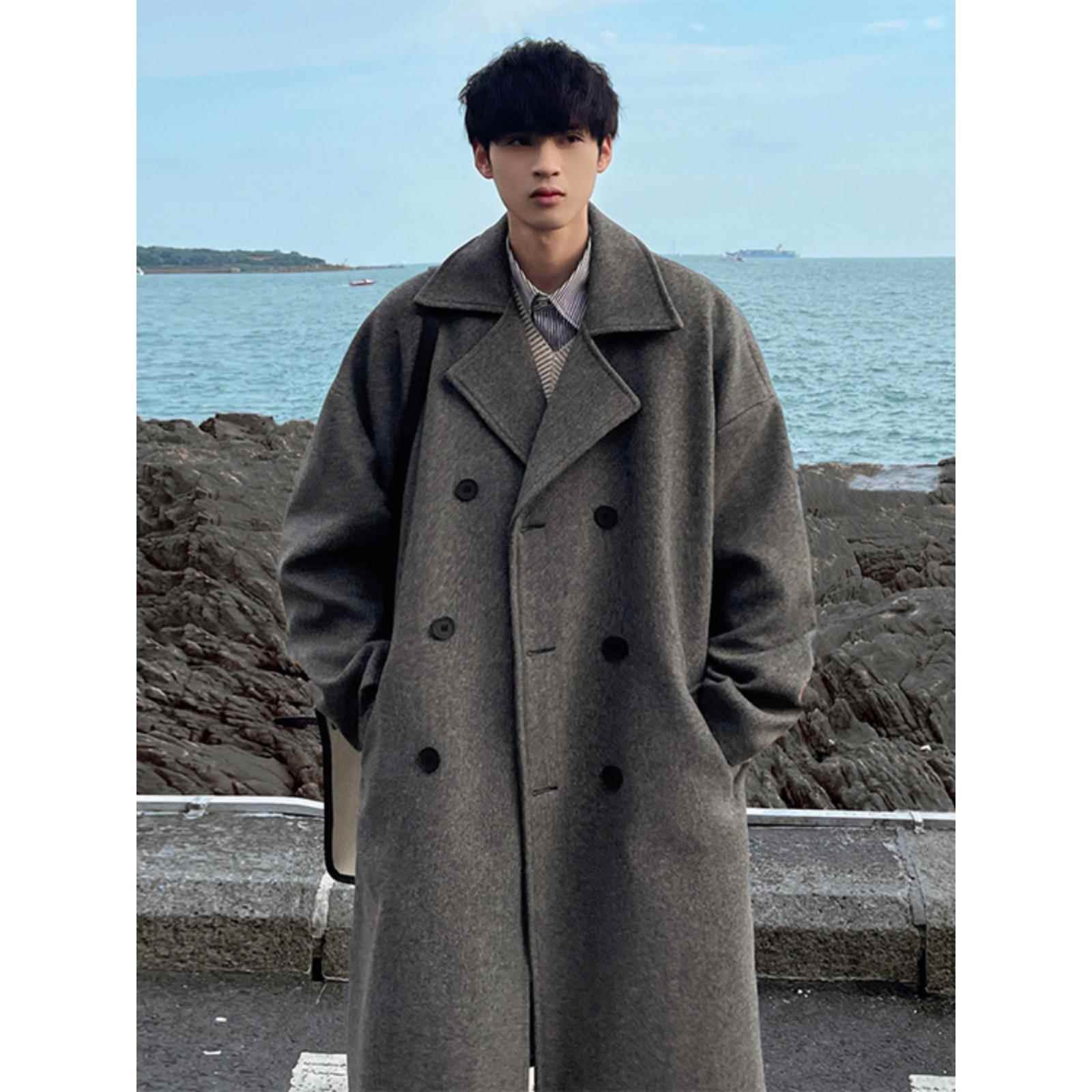 冬季毛呢大衣男中长款过膝西装领双排扣呢子风衣外套加厚ins潮流