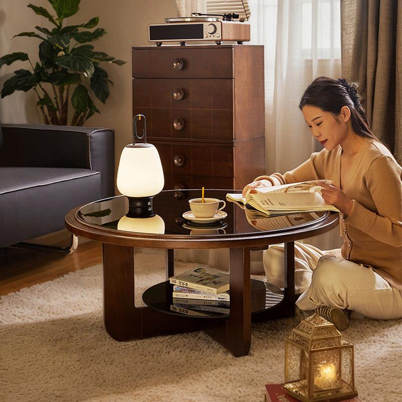 中古茶几圆形玻璃客厅家用实木茶几轻奢高级感小户型双层茶几桌子
